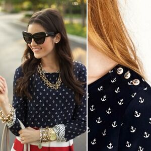 J. Crew Anchors Away Blouse Womens 8 Navy Silk Anchor Print Nautical Preppy Top